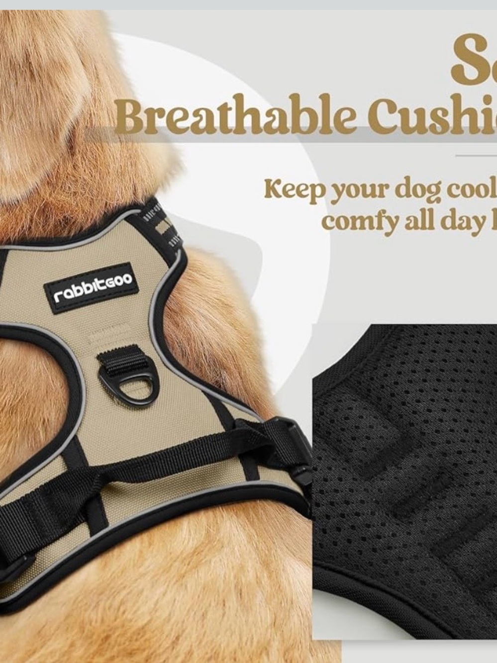 Rabbitgoo Beige Breathable Dog Harness - Padded Comfort, NWOT